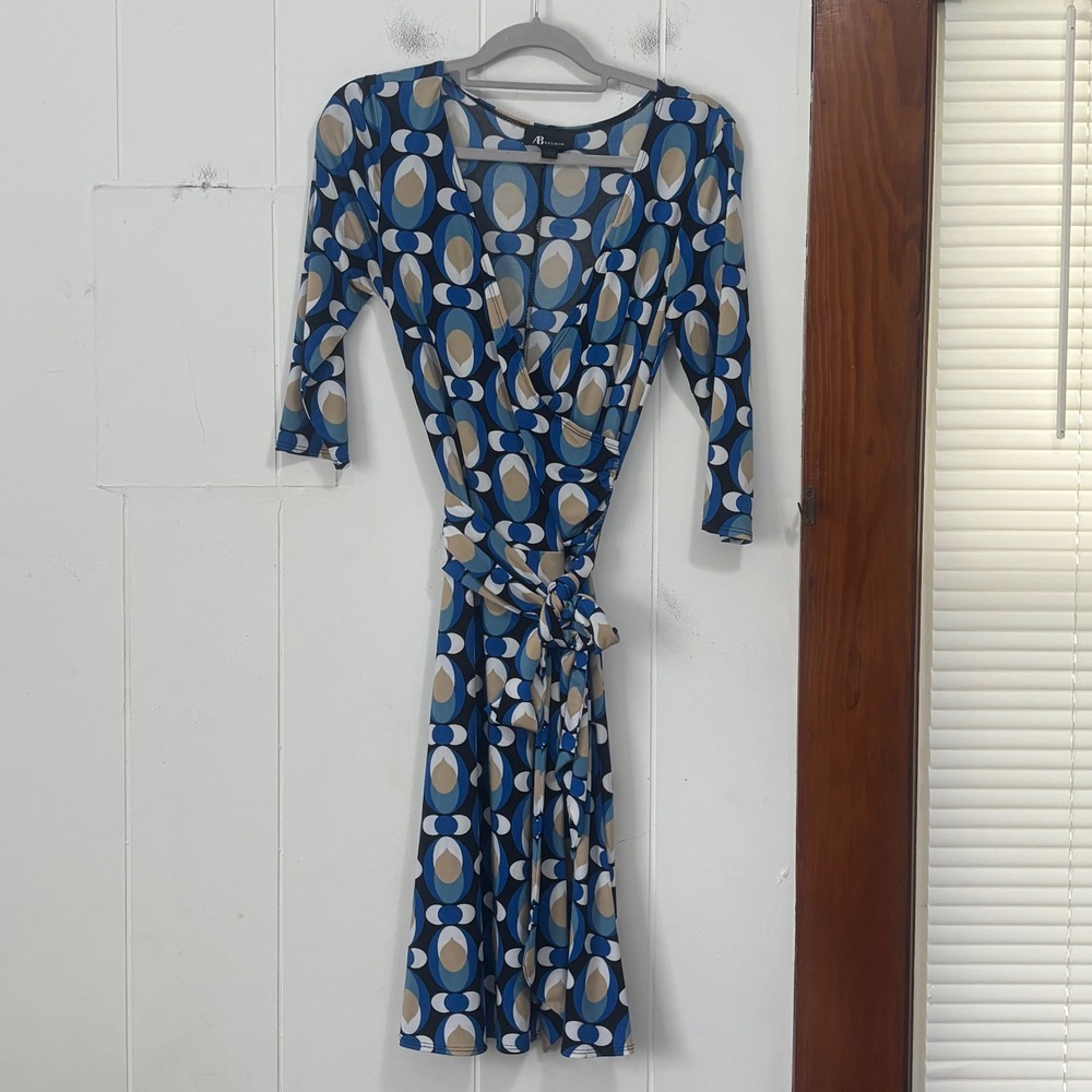 AB Studio Women Blue Geometric Mod Faux Wrap Dress 3/4 Sleeve Small Retro